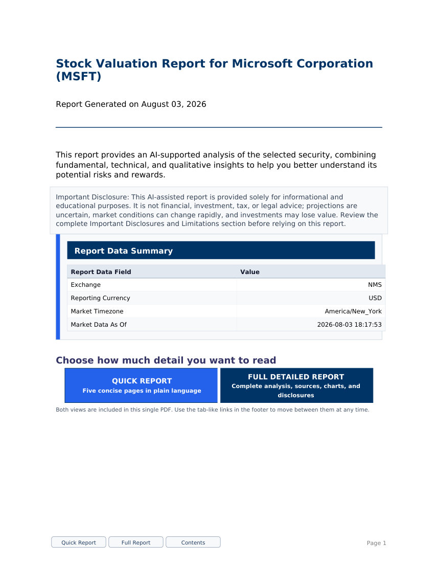 Microsoft MSFT stock valuation sample report cover