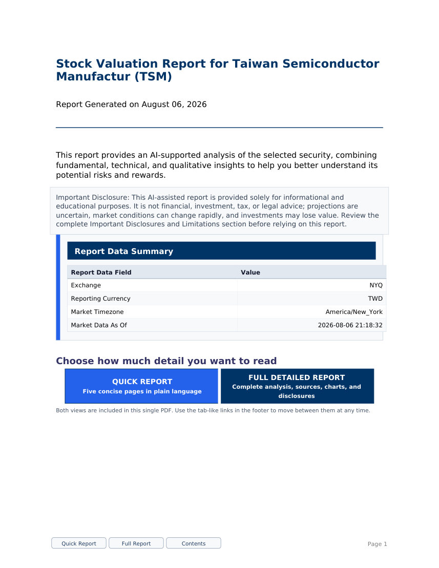 Taiwan Semiconductor TSM stock valuation sample report cover